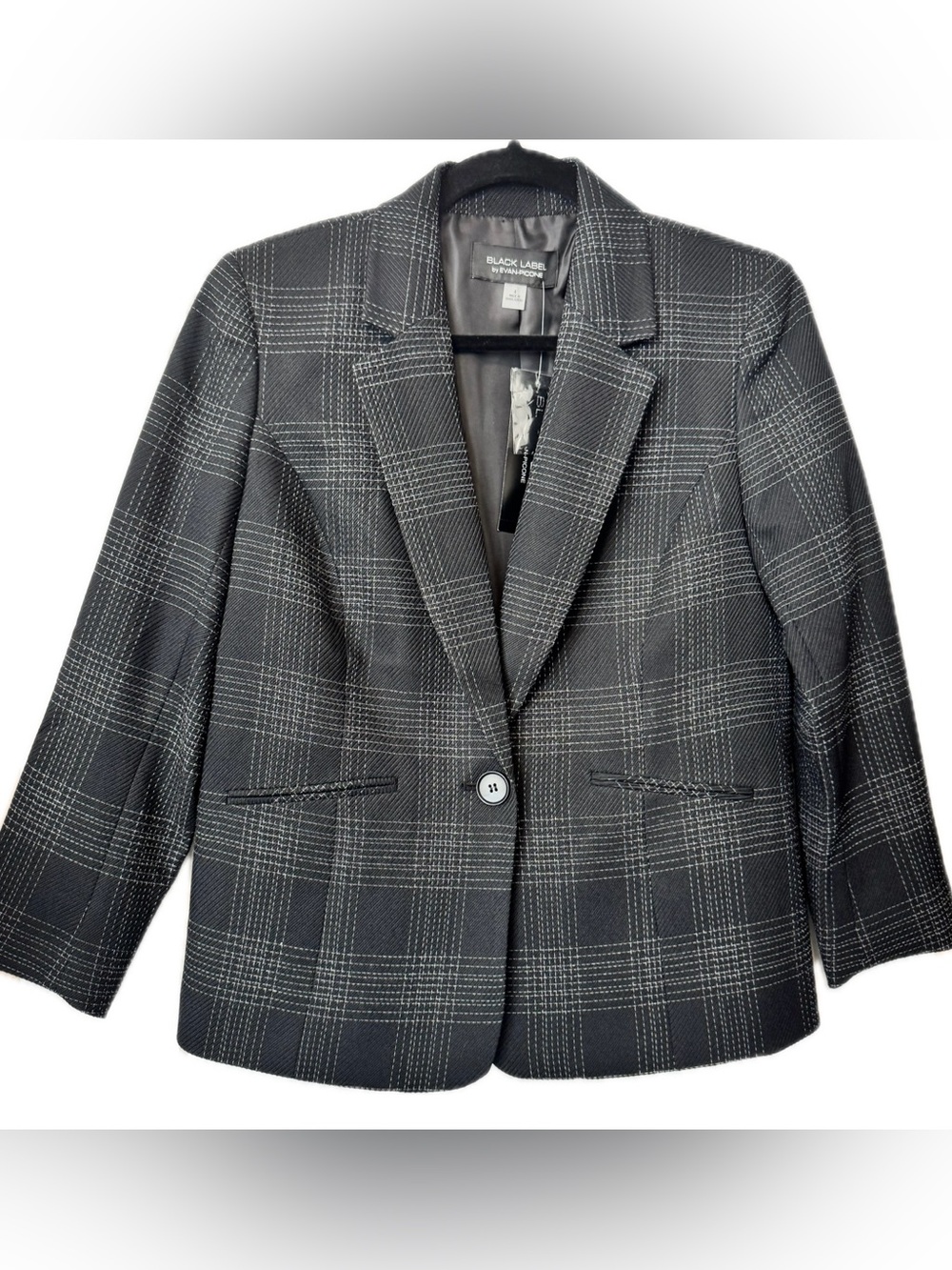 NWT Black Label Evan Picone Plaid Blazer Size 4 Black White